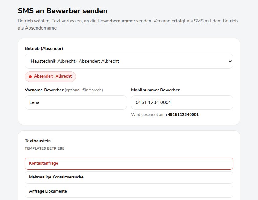Eingabemaske mit Betriebsauswahl, Bewerberdaten und Textbausteinen
